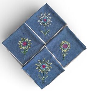 Hand Embroidered Daisy Sunflower Flower Square Lightweight Denim Napkins